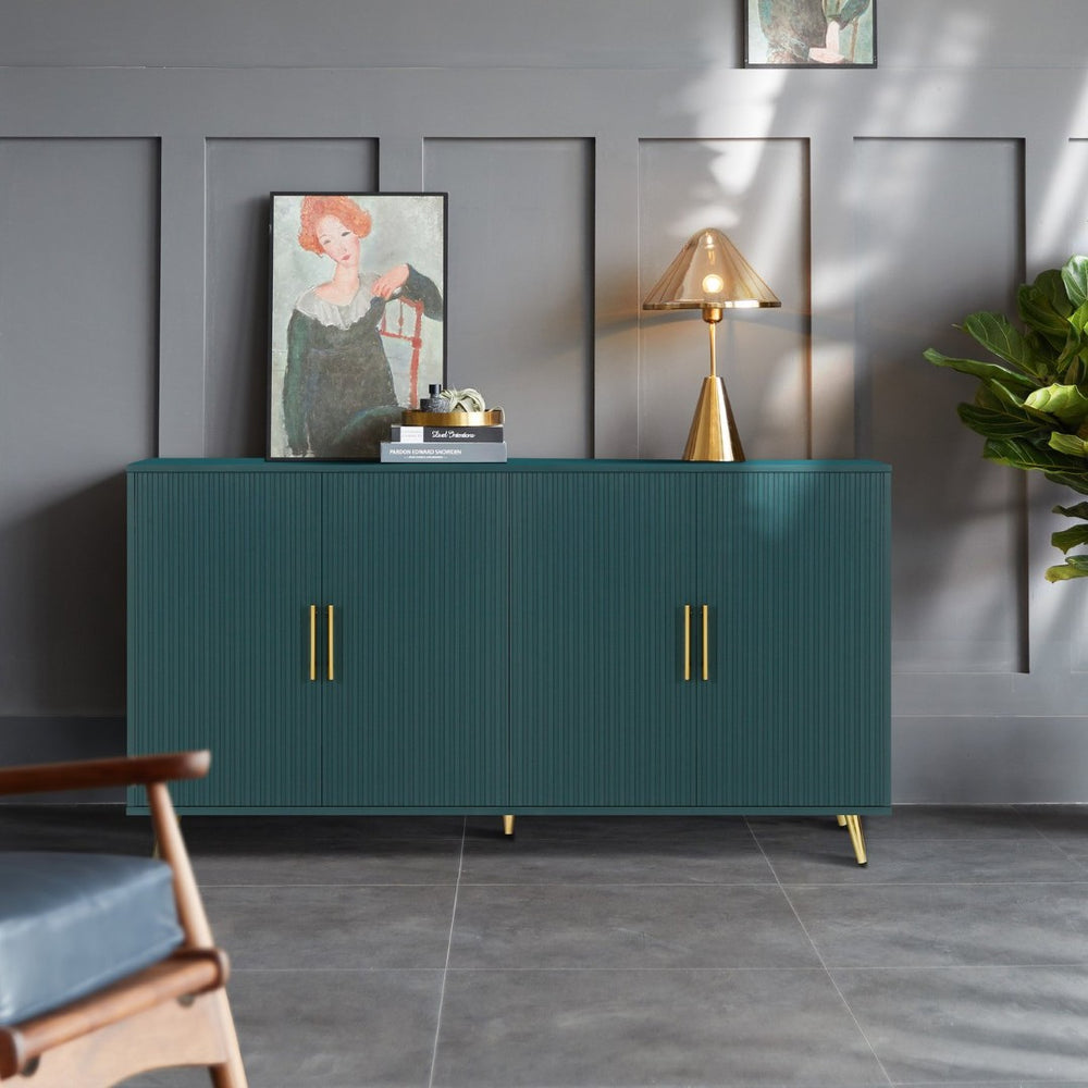 English Elm Wood Media Console with Grooved Doors Gold Legs and Interior Storage for Living Room W1445132035