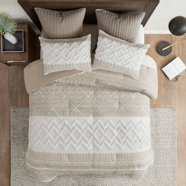 English Elm 3 Piece Cotton Comforter Set with Chenille Tufting Mila Botanical Chevron Print Full/Queen Cozy Farmhouse Bedding taupe 21.65 L x 22.83 W x 10.63 H B035128804