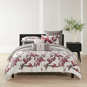 English Elm Duvet Natori Cherry Blossom 100% Cotton Sateen Mini Set Queen - Reversible Grey Percale, OEKO-TEX Certified B035129187