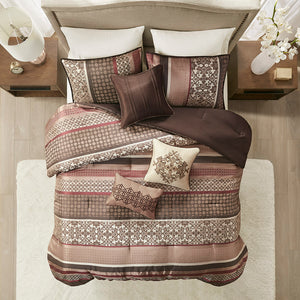 English Elm 7 Piece Comforter Set Red Queen - Luxurious Geometric Design With Decorative Pillows & Soft Touch B03597164