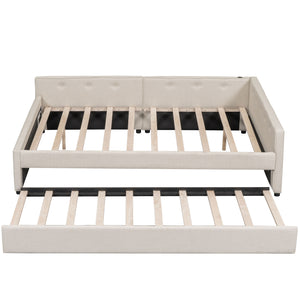 English Elm Queen Upholstered Platform Bed with USB & Twin Trundle, Beige Linen, 600lb Capacity, Modern Design DL000559AAA