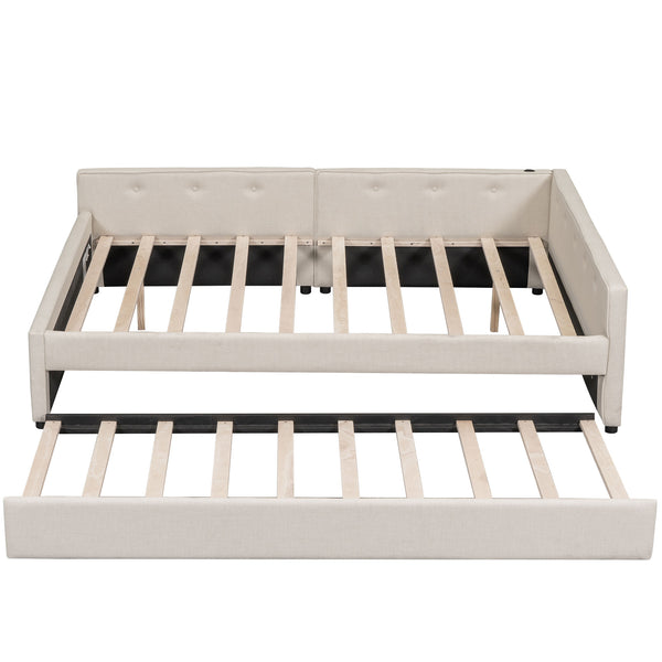 English Elm Queen Upholstered Platform Bed with USB & Twin Trundle, Beige Linen, 600lb Capacity, Modern Design DL000559AAA