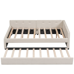 English Elm Full Full Size Upholstered Platform Bed with USB, Beige Linen, Twin Trundle, 600lb Capacity Sleek Design DL000558AAA