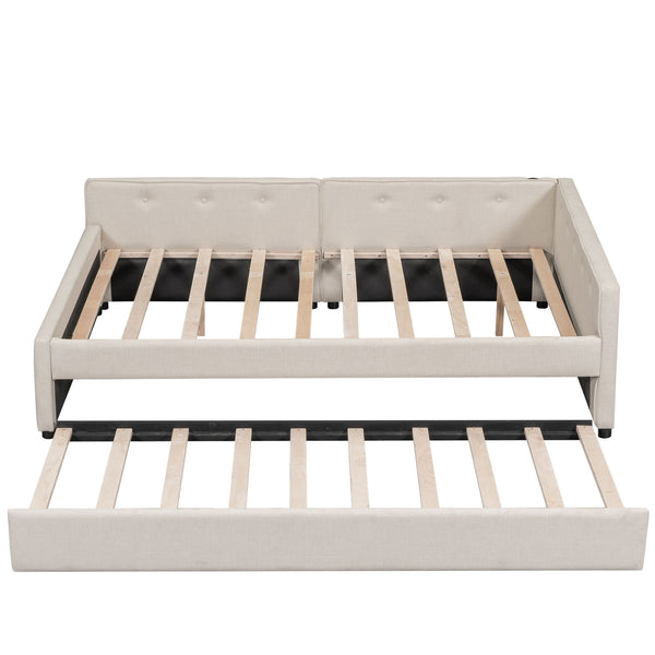 English Elm Full Full Size Upholstered Platform Bed with USB, Beige Linen, Twin Trundle, 600lb Capacity Sleek Design DL000558AAA