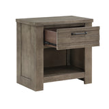 English Elm Rustic Style 1 Piece Gray Nightstand Of Drawer and Storage Cubby Metal Hardware Wooden Bedroom Furniture