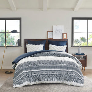 English Elm 3 INK+IVY Mila Cotton Comforter Set King/Cal King Navy Botanical Chevron Chenille Tufted, OEKO‑TEX Certified B035128801
