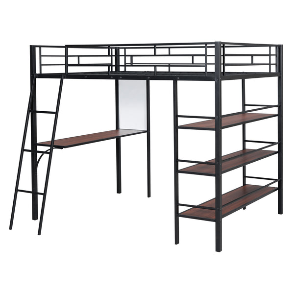 English Elm Full Loft Metal Bed with Built-In Desk, 3 Open Shelves & Whiteboard, Sturdy Frame, 350lb Capacity Black SF000122AAB