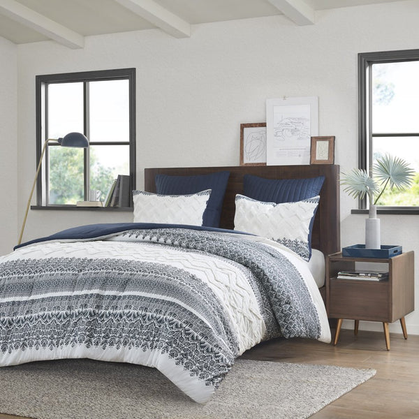 English Elm 3 INK+IVY Mila Cotton Comforter Set King/Cal King Navy Botanical Chevron Chenille Tufted, OEKO‑TEX Certified B035128801