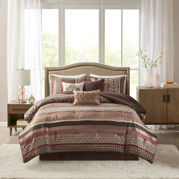 English Elm 7 Piece Comforter Set Red Queen - Luxurious Geometric Design With Decorative Pillows & Soft Touch B03597164