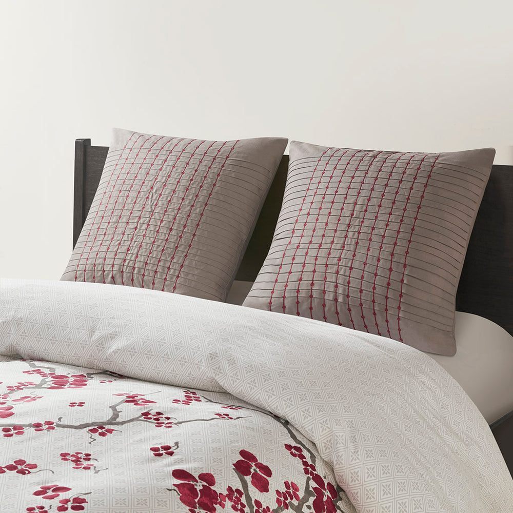 English Elm Euro Euro Sham Grey Natori Cherry Blossom 26x26 Cotton Sateen Pleated Euro Sham with Red Embroidery Accents B03599550