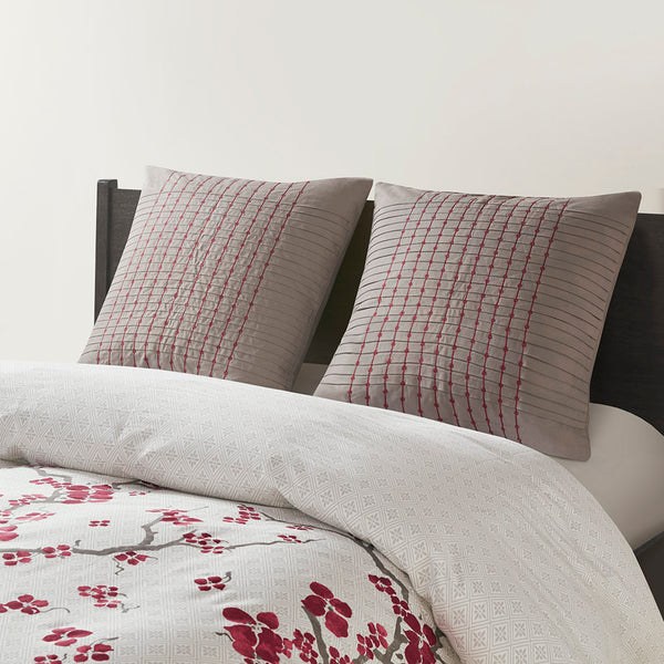 English Elm Euro Euro Sham Grey Natori Cherry Blossom 26x26 Cotton Sateen Pleated Euro Sham with Red Embroidery Accents B03599550