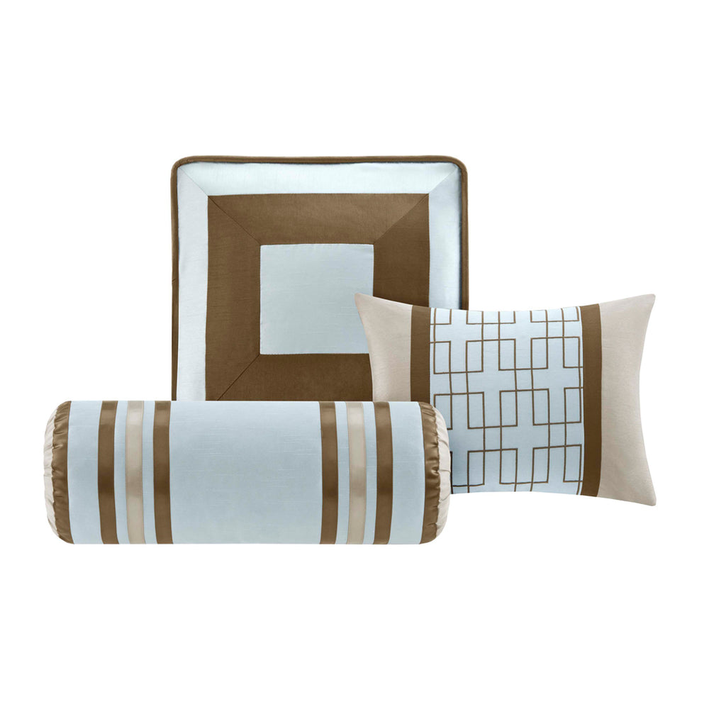 English Elm 7 Piece Comforter Set - Blue Queen Bedding Ensemble With Decorative Pillows & Easy-Care Polyester B03596897