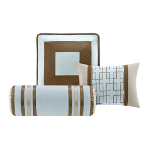 English Elm 7 Piece Comforter Set - Blue Queen Bedding Ensemble With Decorative Pillows & Easy-Care Polyester B03596897