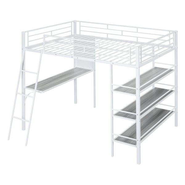 English Elm Full Loft Metal Bed with Built-In Desk, 3 Open Shelves & Whiteboard, Sturdy Frame, 350lb Capacity White SF000122AAK