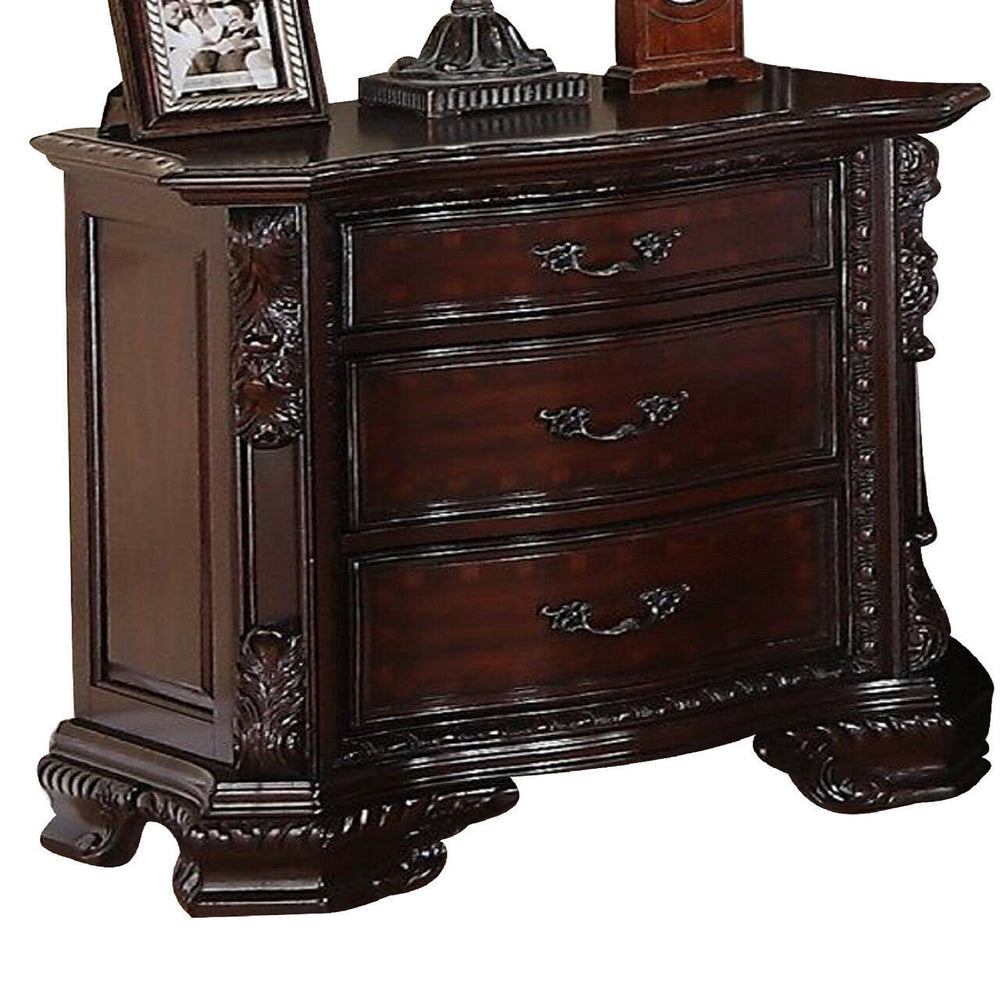 English Elm 1pc Traditional Nightstand with Three Drawers Serpentine Front Ornate Bracket Feet Carved Solid Wood Elegance Brown 33.5 L x 21 W x 33.5 H B011P143963