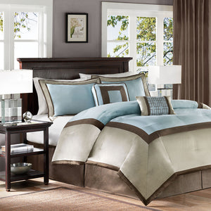 English Elm 7 Piece Comforter Set - Elegant Light Blue King Bedding With Decorative Pillows & Chocolate Bedskirt B03596898