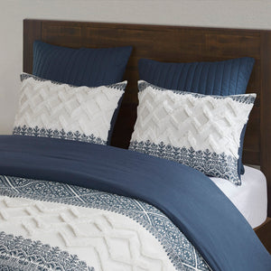 English Elm 3 Piece INK+IVY Mila Cotton Comforter Set Navy Botanic Chevron Chenille Tufting Full/Queen, OEKO-TEX Certified B035128802