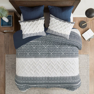 English Elm 3 Piece INK+IVY Mila Cotton Comforter Set Navy Botanic Chevron Chenille Tufting Full/Queen, OEKO-TEX Certified B035128802