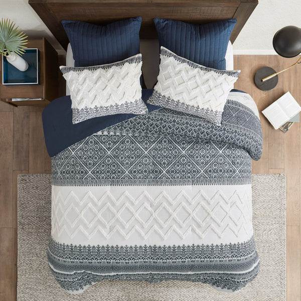 English Elm 3 Piece INK+IVY Mila Cotton Comforter Set Navy Botanic Chevron Chenille Tufting Full/Queen, OEKO-TEX Certified B035128802