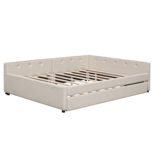 English Elm Queen Upholstered Platform Bed with USB & Twin Trundle, Beige Linen, 600lb Capacity, Modern Design DL000559AAA