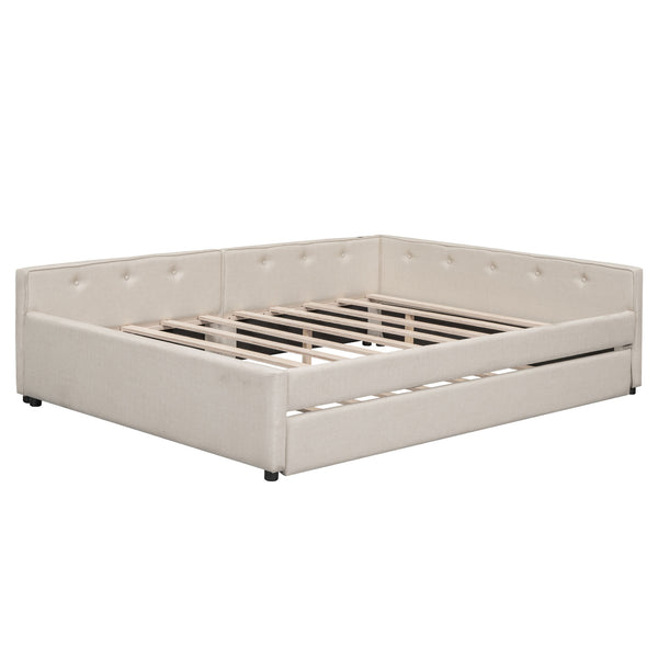 English Elm Queen Upholstered Platform Bed with USB & Twin Trundle, Beige Linen, 600lb Capacity, Modern Design DL000559AAA