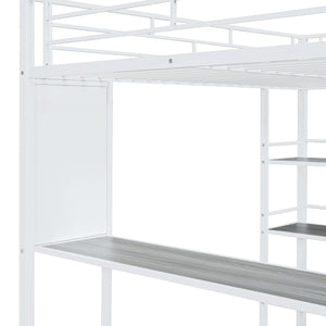 English Elm Full Loft Metal Bed with Built-In Desk, 3 Open Shelves & Whiteboard, Sturdy Frame, 350lb Capacity White SF000122AAK