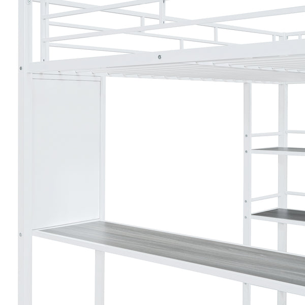English Elm Full Loft Metal Bed with Built-In Desk, 3 Open Shelves & Whiteboard, Sturdy Frame, 350lb Capacity White SF000122AAK