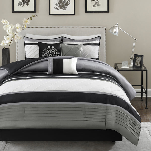 English Elm 7 Blaire 7 Piece Comforter Set Grey Queen – Luxurious Faux Silk Pintuck, Hypoallergenic Fill, Bedskirt & Decorative Pillows B03597297