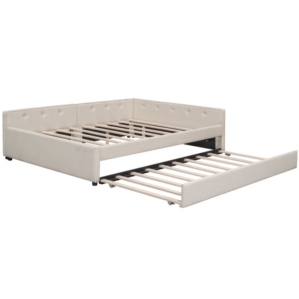 English Elm Queen Upholstered Platform Bed with USB & Twin Trundle, Beige Linen, 600lb Capacity, Modern Design DL000559AAA