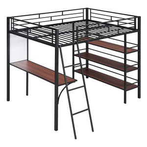 English Elm Full Loft Metal Bed with Built-In Desk, 3 Open Shelves & Whiteboard, Sturdy Frame, 350lb Capacity Black SF000122AAB