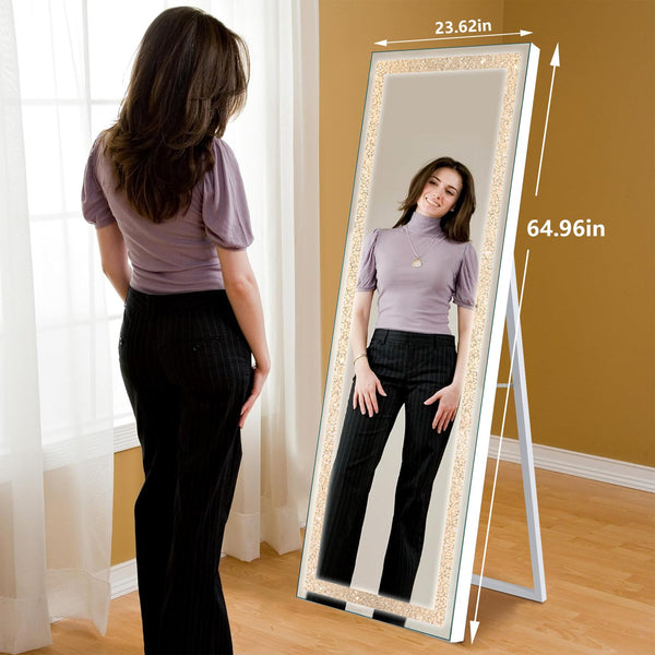 English Elm 65" LED Lighted Full-Length Mirror with Crystal Frame, Shatterproof HD Glass, Modern Standing Elegance W1340119589