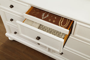 English Elm Transitional White Wood Dresser with Seven Dovetail Drawers and Hidden Jewelry Tray B011P143960