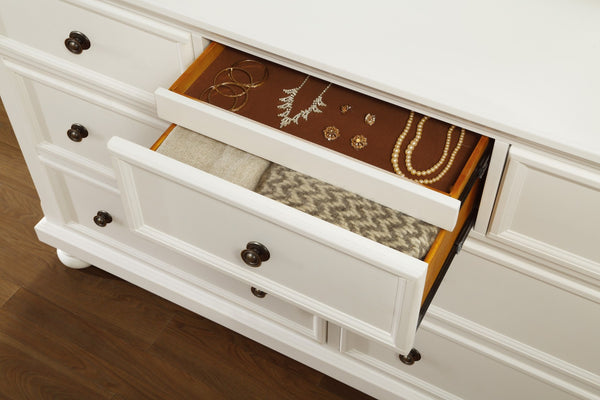 English Elm Transitional White Wood Dresser with Seven Dovetail Drawers and Hidden Jewelry Tray B011P143960