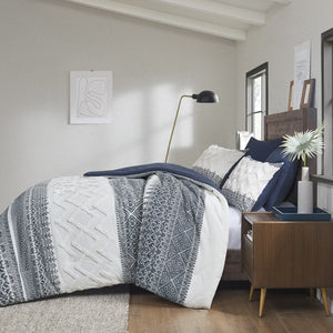 English Elm 3 INK+IVY Mila Cotton Comforter Set King/Cal King Navy Botanical Chevron Chenille Tufted, OEKO‑TEX Certified B035128801