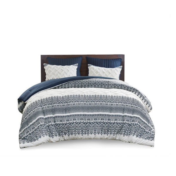 English Elm 3 INK+IVY Mila Cotton Comforter Set King/Cal King Navy Botanical Chevron Chenille Tufted, OEKO‑TEX Certified B035128801
