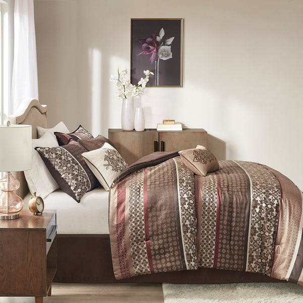 English Elm 7 Piece Comforter Set Red Queen - Luxurious Geometric Design With Decorative Pillows & Soft Touch B03597164