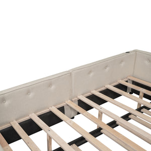 English Elm Full Full Size Upholstered Platform Bed with USB, Beige Linen, Twin Trundle, 600lb Capacity Sleek Design DL000558AAA