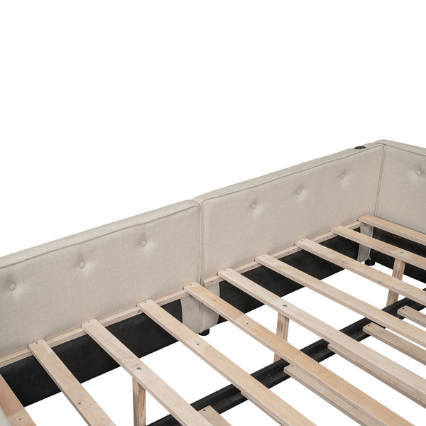 English Elm Full Full Size Upholstered Platform Bed with USB, Beige Linen, Twin Trundle, 600lb Capacity Sleek Design DL000558AAA