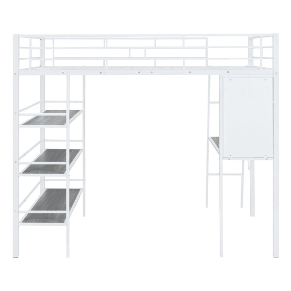 English Elm Full Loft Metal Bed with Built-In Desk, 3 Open Shelves & Whiteboard, Sturdy Frame, 350lb Capacity White SF000122AAK