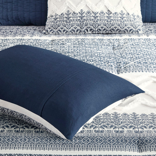 English Elm 3 Piece INK+IVY Mila Cotton Comforter Set Navy Botanic Chevron Chenille Tufting Full/Queen, OEKO-TEX Certified B035128802