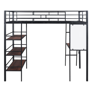 English Elm Full Loft Metal Bed with Built-In Desk, 3 Open Shelves & Whiteboard, Sturdy Frame, 350lb Capacity Black SF000122AAB