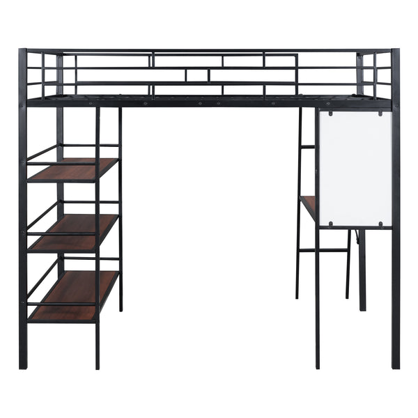 English Elm Full Loft Metal Bed with Built-In Desk, 3 Open Shelves & Whiteboard, Sturdy Frame, 350lb Capacity Black SF000122AAB