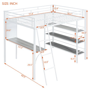 English Elm Full Loft Metal Bed with Built-In Desk, 3 Open Shelves & Whiteboard, Sturdy Frame, 350lb Capacity White SF000122AAK