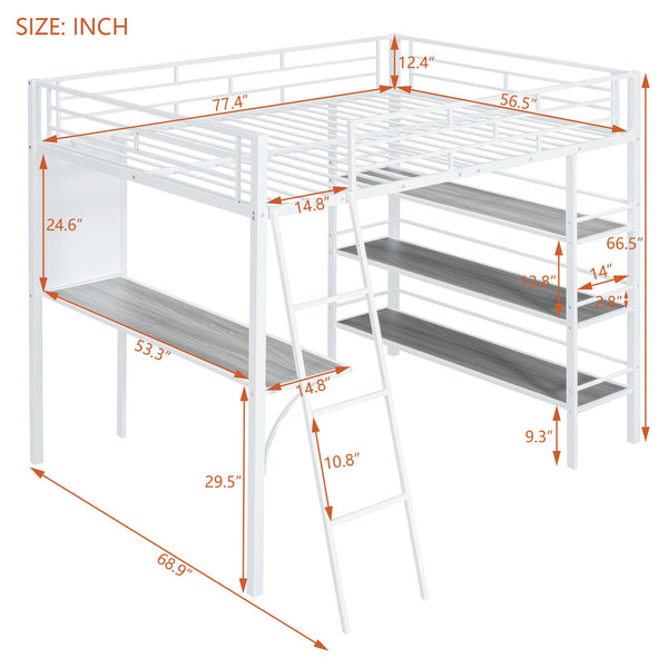 English Elm Full Loft Metal Bed with Built-In Desk, 3 Open Shelves & Whiteboard, Sturdy Frame, 350lb Capacity White SF000122AAK
