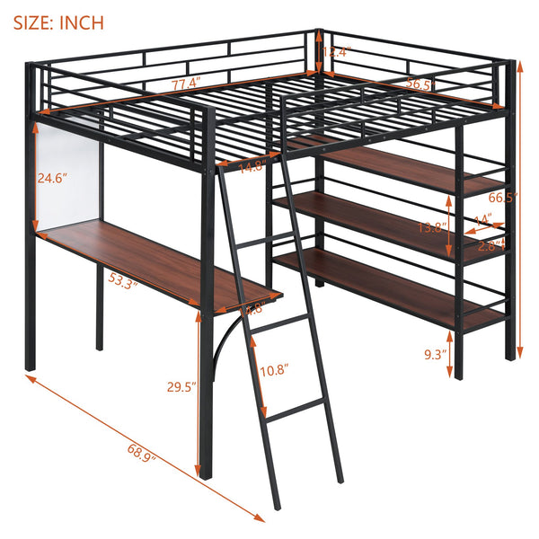 English Elm Full Loft Metal Bed with Built-In Desk, 3 Open Shelves & Whiteboard, Sturdy Frame, 350lb Capacity Black SF000122AAB