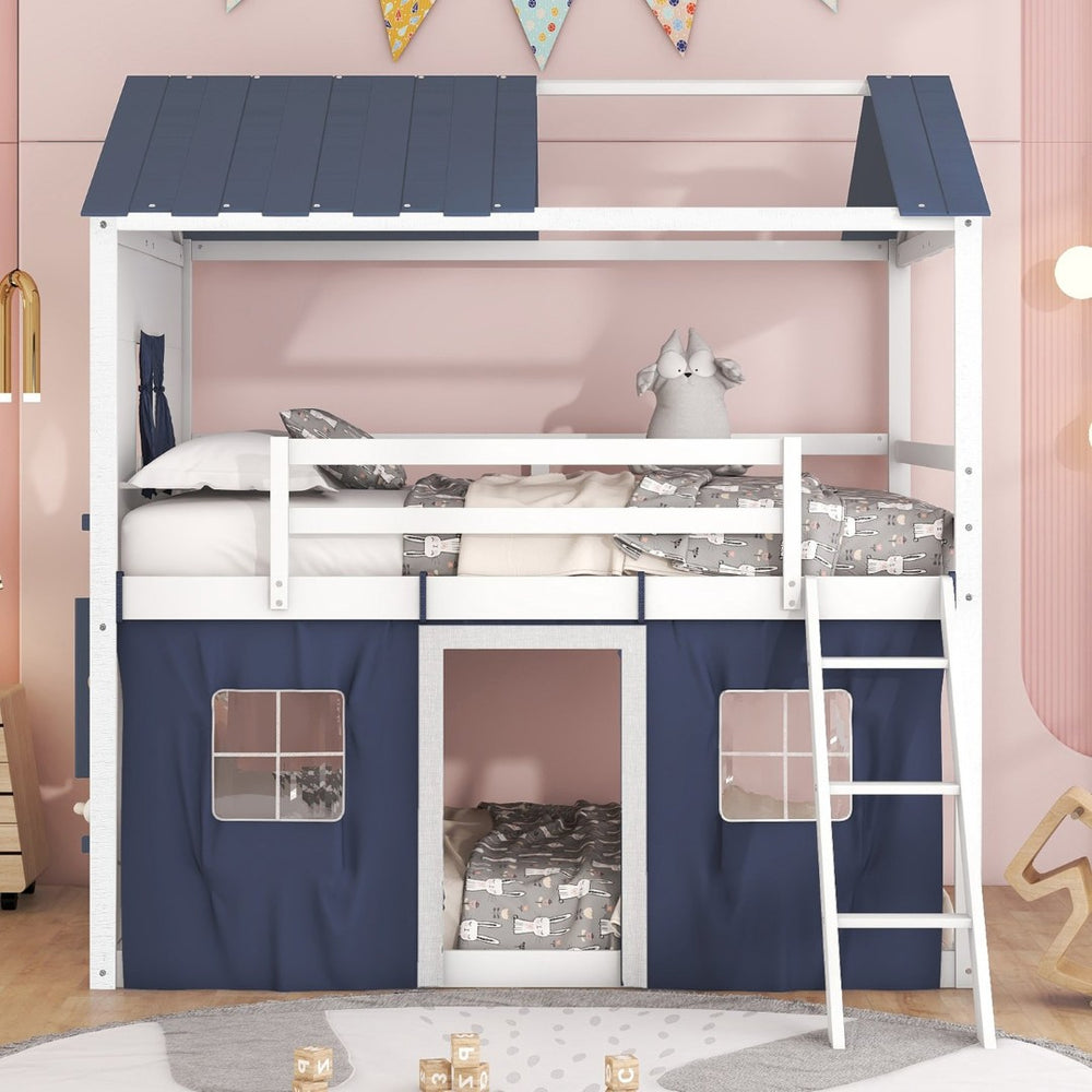 English Elm Full Size House Bunk Bed Pine Wood Cottage Frame with Storage Sills Kids Bedroom White+Blue LT000360AAC