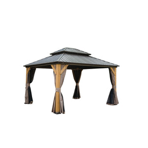 English Elm 12'X14' Hardtop Gazebo – Stylish Cedar Frame Pavilion With Double Roof, Curtains & Netting For Outdoors W1859S00018