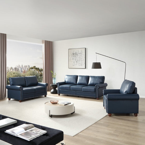 English Elm Living Room Faux Leather Sectional Set with Hidden Storage and Nailhead Trim Seating Navy Blue W1097S00278