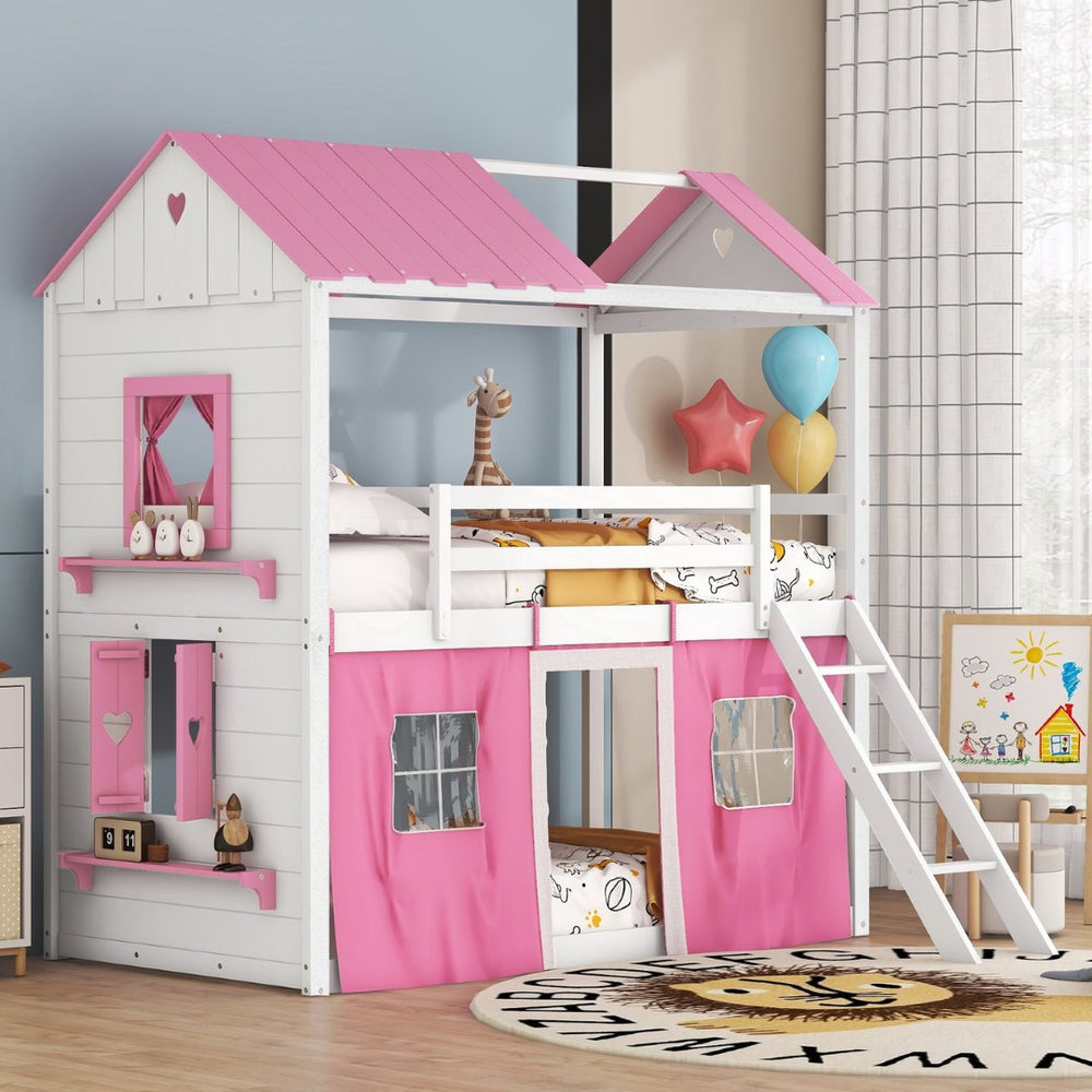 English Elm Twin Playhouse Bunk Bed Pinewood Cottage Style with Framed Windows and Cozy Lower Nook LT000359AAH