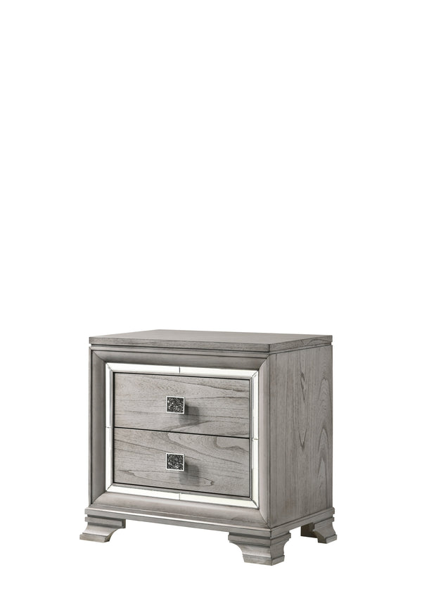 English Elm Contemporary Metal-Glide Nightstand 30" x17.5" x29.4" Light Gray-Brown Finish with 2 Drawers, Mirrored Accents and Solid Wood Charm ESFCRMB7200-2